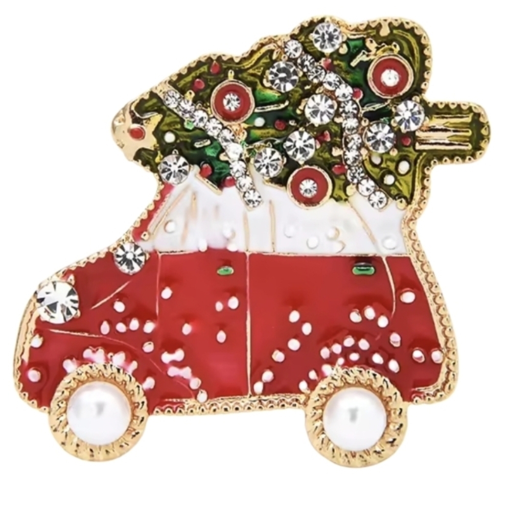 Festive Red Car Brooch with Christmas Tree